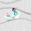 Girl sailing paper boat in education sea concept