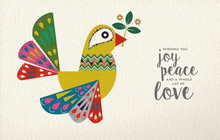 Christmas And New Year Dove Bird Folk Art Card
