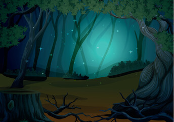 Scene with fireflies in forest at night