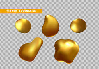 Poster - Gold nuggets isolated on a transparent background. Shape liquid drops with color golden gradient. Abstract 3d yellow fluid.