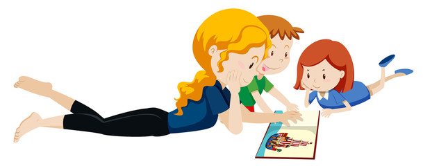 Wall Mural - a mother reading a book to children