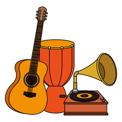 bongo drum with gramophone and guitar