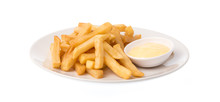 French Fries Potatoes With Mayonnaise On A Dish Isolated On White Background