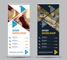Poster - Design of a universal vector roll-up banner with triangular elements and a place for photos.