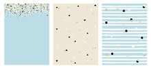 Set Of 3 Varius Abstract Vector Layouts. Beige, White And Black Falling Confetti. Blue Background. Triangles Pattern. Beige Background. White Stripes With Beige And Black Dots Pattern.Blue Background