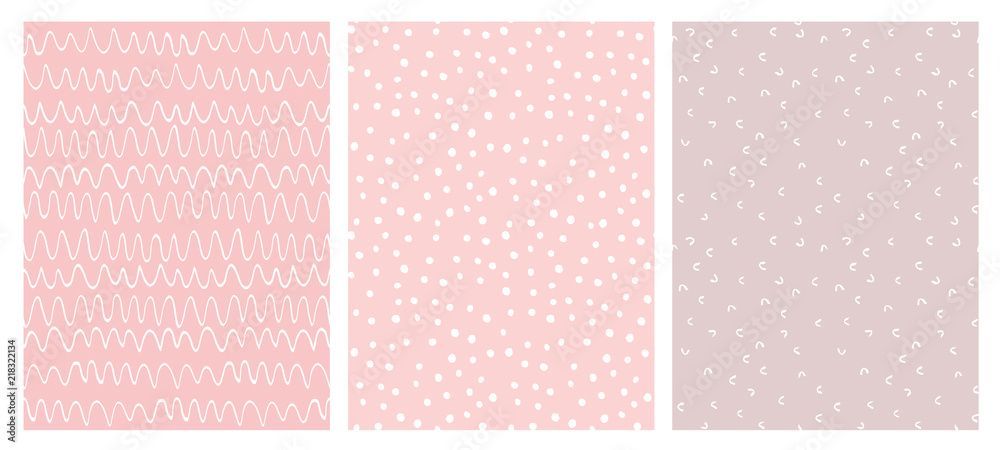 Abstract Hand Drawn Childish Vector Pattern Set. White Waves, Arches and Dots on Various Pink Backgrounds. Modern Geometric Seamless Pattern. Irregular Freehand Print. - obrazy, fototapety, plakaty 