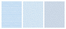 Abstract Hand Drawn Childish Vector Pattern Set. White Waves, Arches And Dots On A Various Blue Backgrounds.