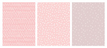 Abstract Hand Drawn Childish Vector Pattern Set. White Waves, Arches And Dots On Various Pink Backgrounds. Modern Geometric Seamless Pattern. Irregular Freehand Print.