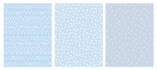 Abstract Hand Drawn Childish Vector Pattern Set. White Waves, Arches and Dots on a Various Blue Backgrounds.