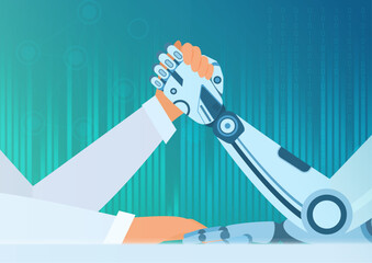 Aufkleber - Arm wrestling human with a robot. Artificial Intelligence vector concept. Struggle of man vs robot.