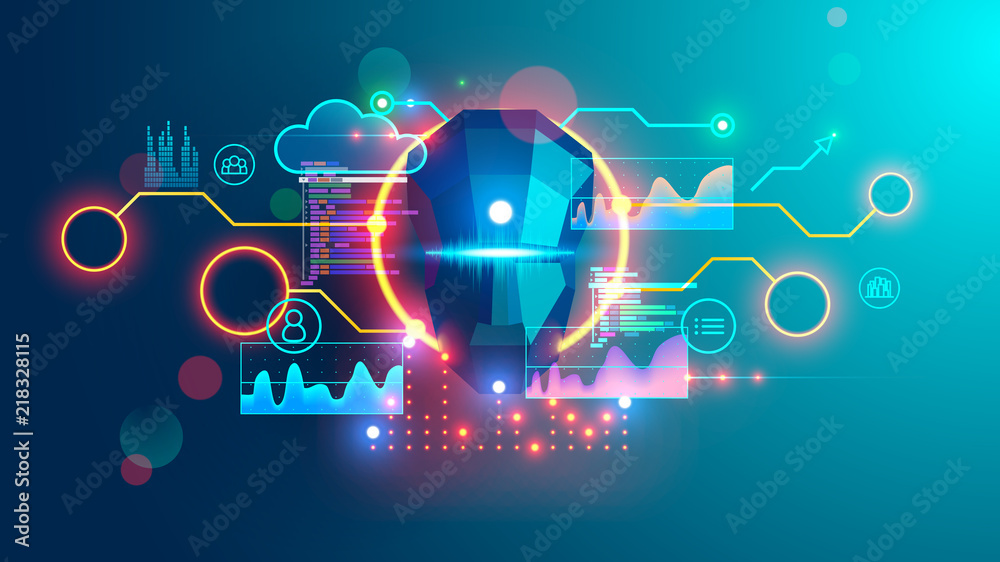 Artificial Intelligence banner. Cyber Head with ai technology doodle. Robotic computer Intellect brainstorming creativity ideas for business. - obrazy, fototapety, plakaty 