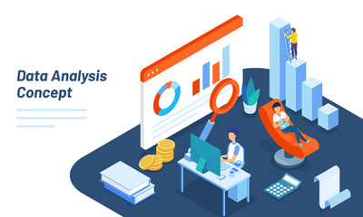 Wall Mural - Financial growth or analysis concept based web template design with isometric illustration of analyst analysis the data with business equipments.