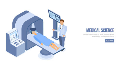 Poster - Isometric character of doctor doing tomography of a patient for Medical Science landing page design.