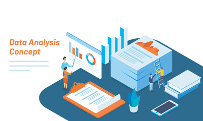 Wall Mural - Isometric illustration of tiny business people maintain or analysis the data for Data Analysis concept based responsive web template design.