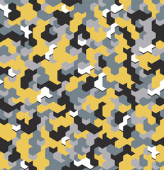 Seamless camouflage in Yellow pattern with displaced element. Polygonal mosaic series for your design. Vector