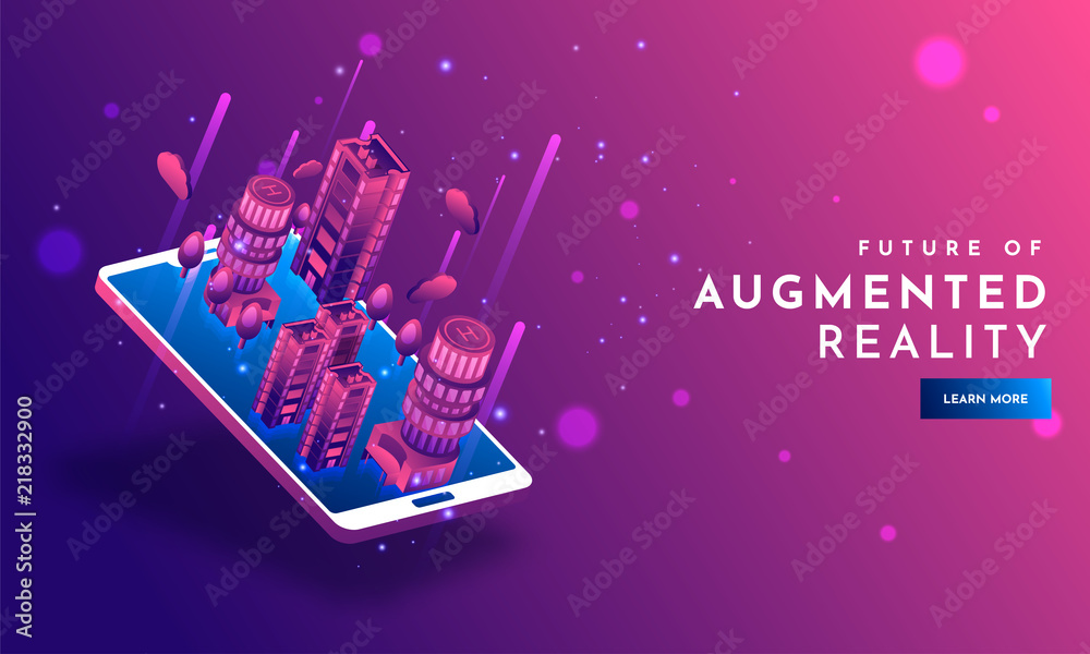 Urban skyscrapers illustration on smartphone screen with abstract elements on shiny purple background for Augmented Reality (AR) concept. - obrazy, fototapety, plakaty 