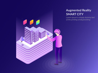 Canvas Print - isometric illustration of smart city on smartphone screen on shiny blue background, augmented realit
