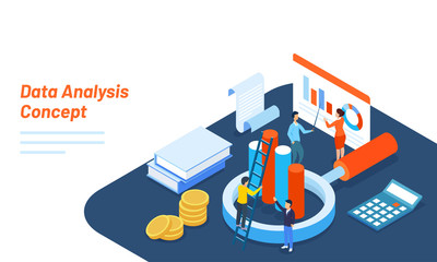 Wall Mural - 3D illustration of tiny business people maintain the data, magnifying glass with calculator and coin for financial growth or data analysis concept.