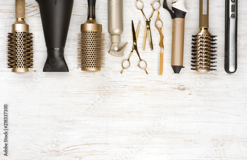 Professional Hair Dresser Tools On Wooden Background With Copy