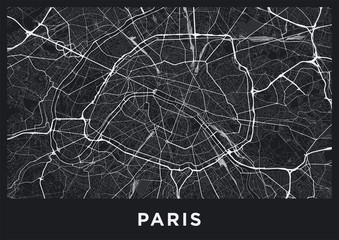 Wall Mural - Dark Paris city map. Road map of Paris (France). Black and white (dark) illustration of parisian streets. Printable poster format (album).