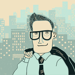 man in office clothes on the megapolis city background.Vector illustration