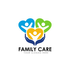 Wall Mural - family care logo design template. child on the heart shape with hand care illustration