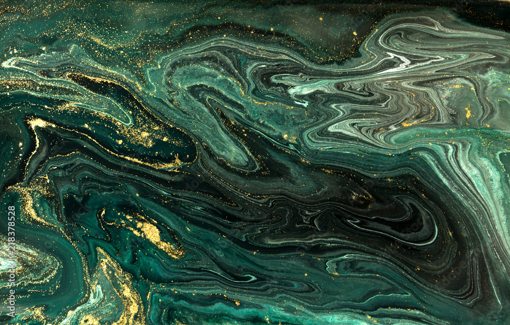 Green marble abstract acrylic background. Marbling artwork texture. Agate ripple pattern. Gold powder. - obrazy, fototapety, plakaty 