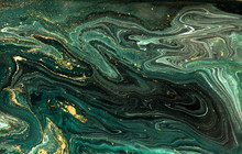 Green Marble Abstract Acrylic Background. Marbling Artwork Texture. Agate Ripple Pattern. Gold Powder.
