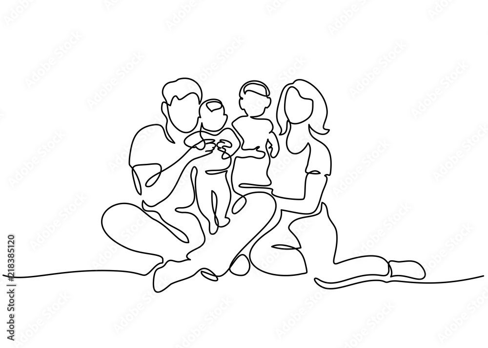 Continuous one line drawing. Family concept. Father, mother and two kids sitting together. Vector illustration - obrazy, fototapety, plakaty 