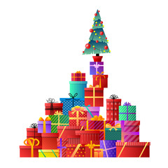 Wall Mural - Merry Christmas. Christmas tree, gifts. Xmas celebration. Decorated christmas tree with gift boxes, balls and lamps. Gifts with bows and ribbons. Stack of colorful present gift boxes