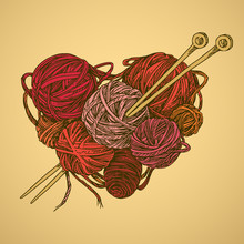 Balls Of Wool And Knitting Needles. Shape Of A Heart. Color Card. Engraving Style. Vector Illustration.