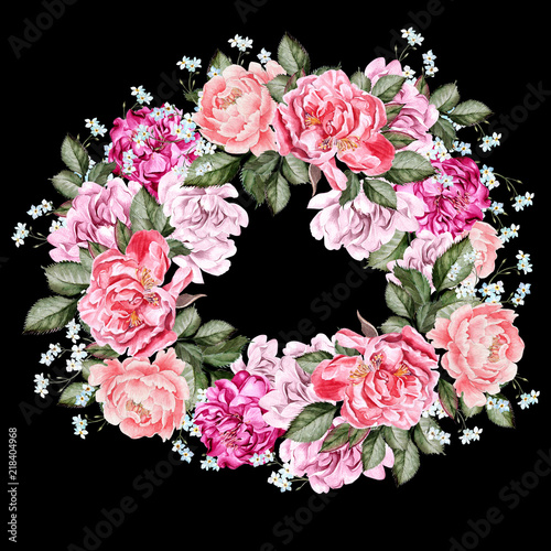 Watercolor wedding wreath with peony flowers.