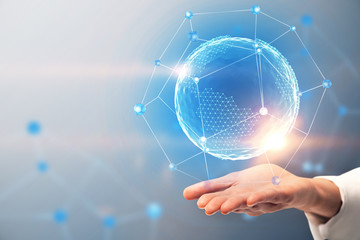 Poster - Woman hand holding Earth network hologram