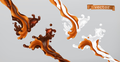 Wall Mural - Caramel milk and chocolate. Splash 3d vector