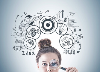 Poster - young woman with magnifying glass, business idea