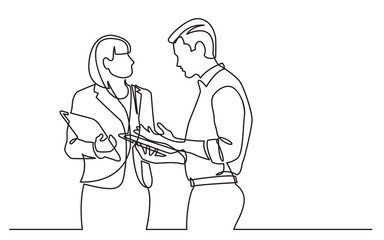 Poster - continuous line drawing of woman and man standing talking about work