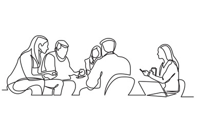 Poster - continuous line drawing of work team having meeting