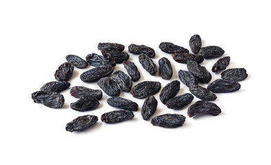 Wall Mural - Heap of black raisins isolated on white background.