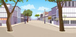 Town street with buildings, trees and empty pavement vector illustration. Summer day and blue sky. Summer town street concept. For websites, wallpapers, posters or banners.