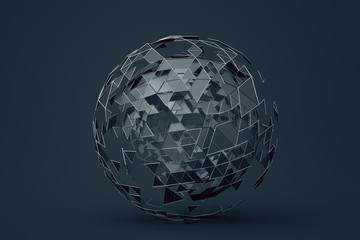Poster - Abstract 3d rendering of polygonal sphere. Geometric shape, futuristic modern background design for poster, cover, branding, banner, placard.