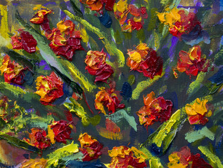 Sticker - Original handmade abstract oil painting bright flowers made palette knife. Red, yellow, blue, purple abstract flowers. Macro impasto painting.