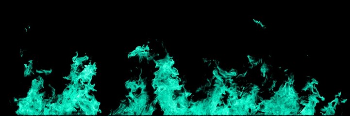 Wall Mural - Real teal, sea-green line of fire flames isolated on black background. Mockup on black of wall of fire.