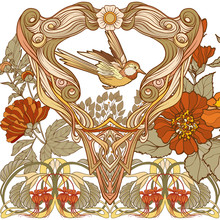 Poster, Background With Decorative Flowers And Bird In Art Nouveau Style, Vintage, Old, Retro Style. 
