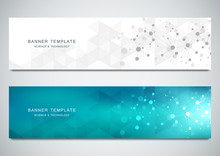 Vector Banners Design For Medicine, Science And Digital Technology. Molecular Structure Background And Communication With Connected Lines And Dots.