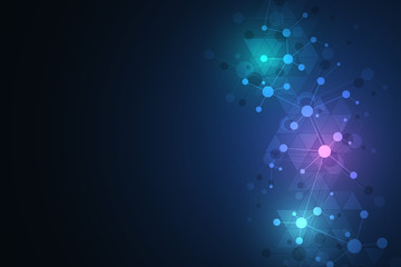 Molecular structure background and communication. Abstract background from molecule DNA. Medical, science and digital technology concept with connected lines and dots.