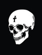 White skull on black background, a hand-drawn human skull illustration with a cross on the forehead