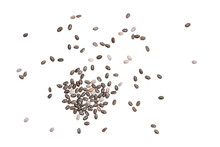 Close Up Of Small Group Of Chia Seeds Spread Out Off Center And Isolated On White Background