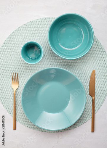 Download Mockup With Empty Plate Goblet Bowl Fork And Knife Stock Photo Adobe Stock