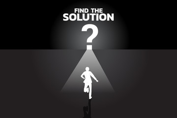 Poster - Find the solution concept. Silhouette of businessman running to question mark icon with lighting