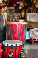 African drums or djembe inside a music shop. Chiang Mai, Thailand.